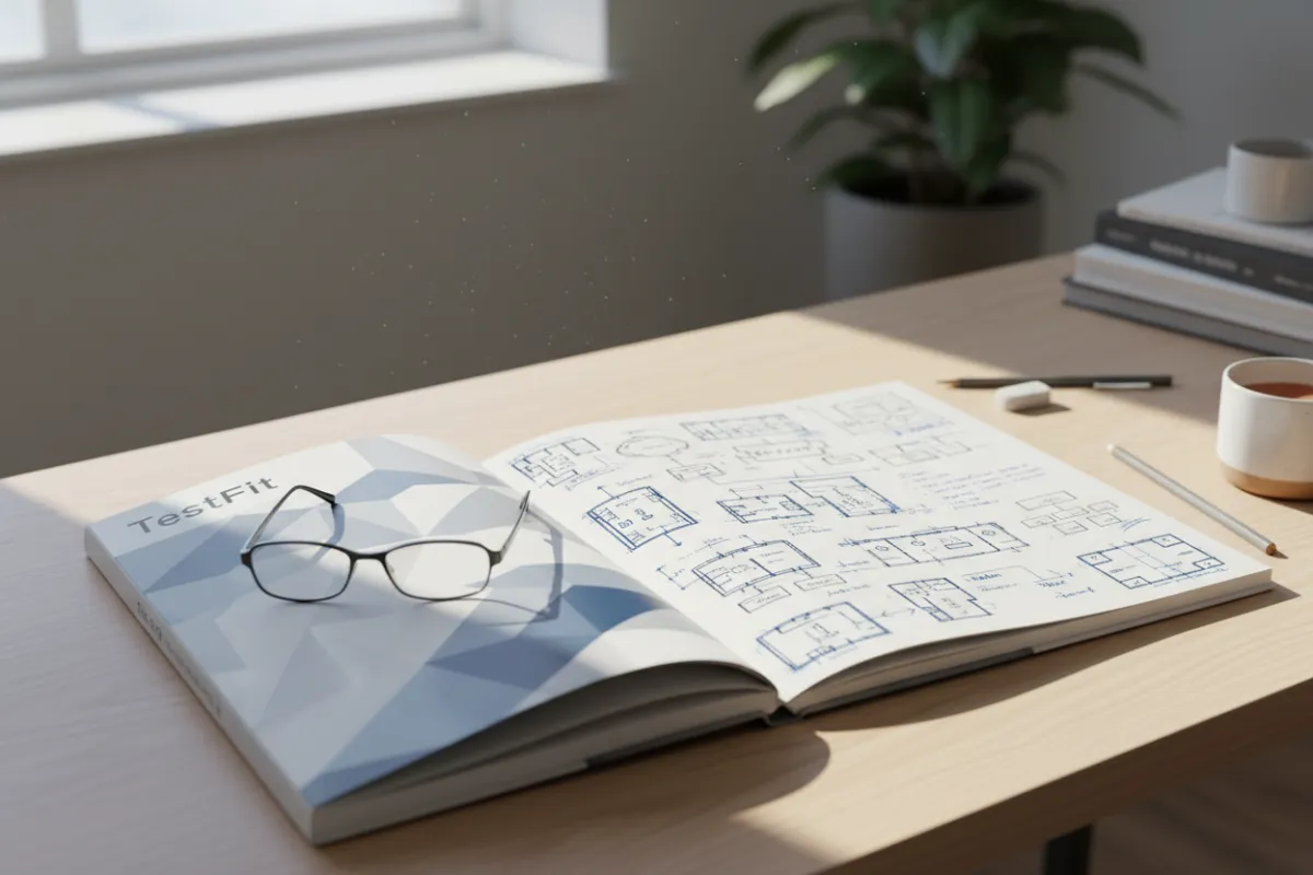 TestFit book cover on a wooden desk, open to a page with diagrams and notes, natural light, 3:2 aspect ratio