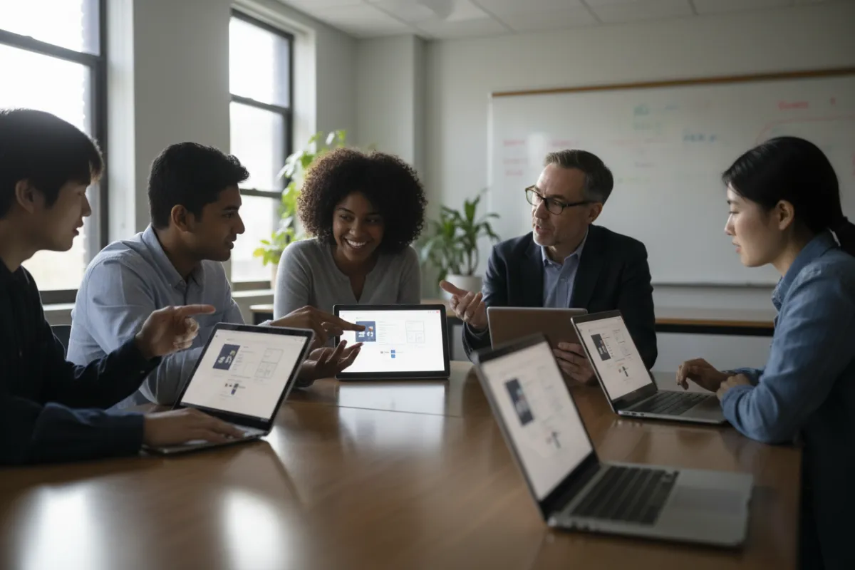 A group of diverse students and a school administrator, all using laptops and tablets, are gathered around a table in a bright, modern classroom. They are reviewing a digital checkout process together, with visible engagement and collaboration. The scene is candid, with natural light and a clear educational setting.