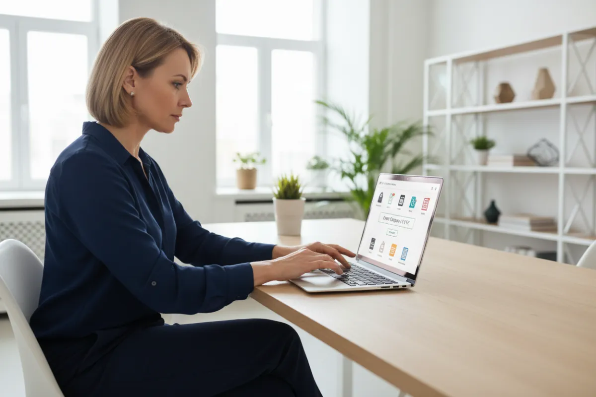 School administrator entering a coupon code on a laptop during checkout, digital interface visible, modern office background, 3:2 aspect ratio