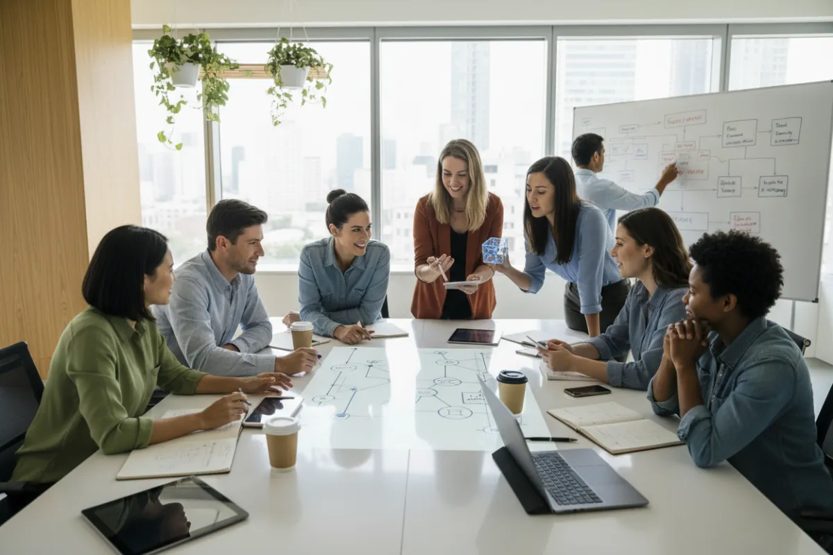 A diverse group of professionals collaborating around a table, reviewing networking strategies and sharing ideas, with digital devices and notes visible. The setting is a bright, modern workspace, emphasizing teamwork and learning. 3:2 aspect ratio.