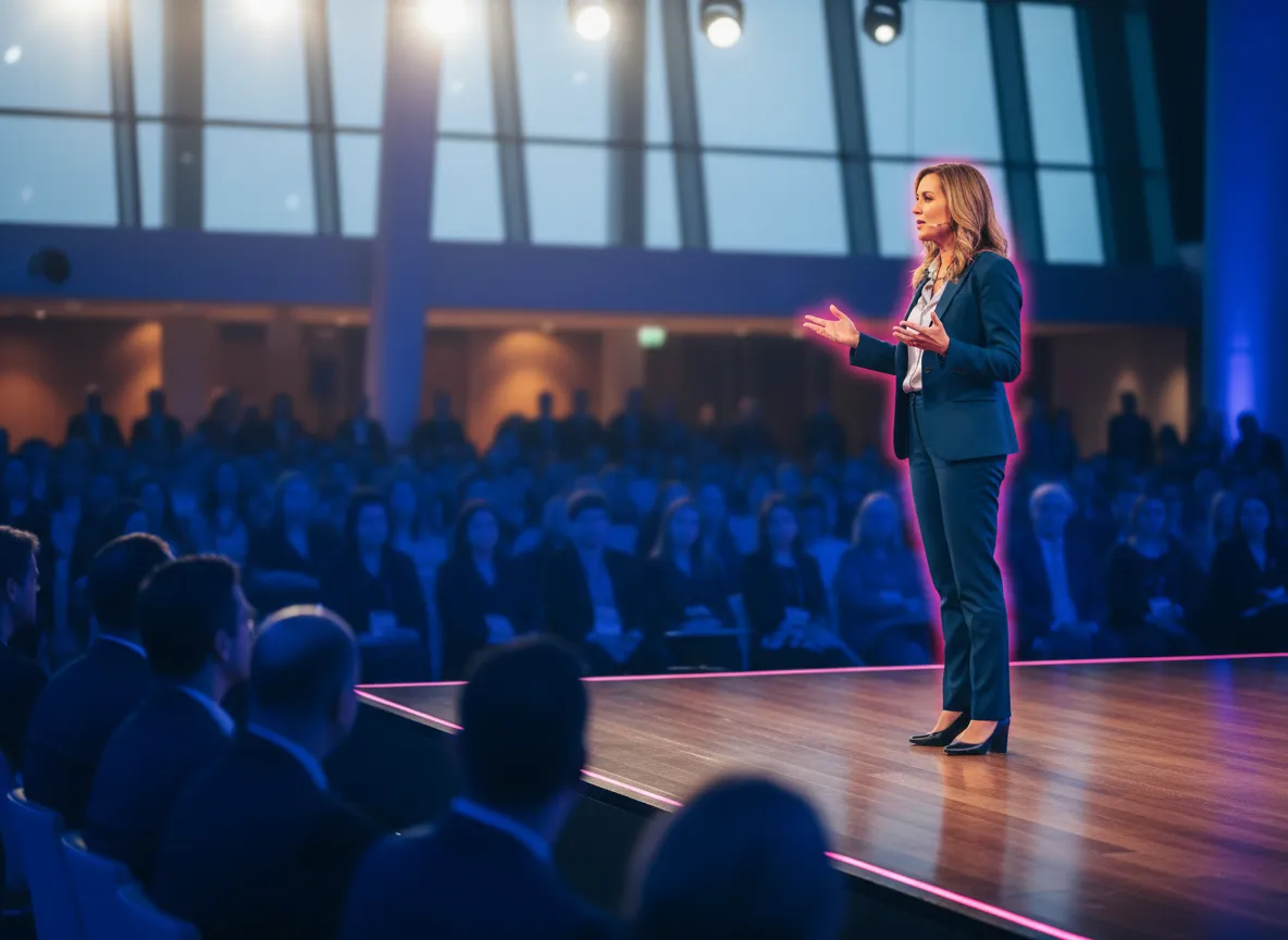 Confident woman speaking on stage to an engaged audience