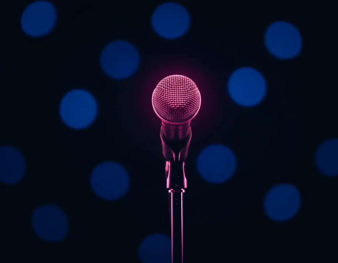 Close-up of a microphone under stage lights