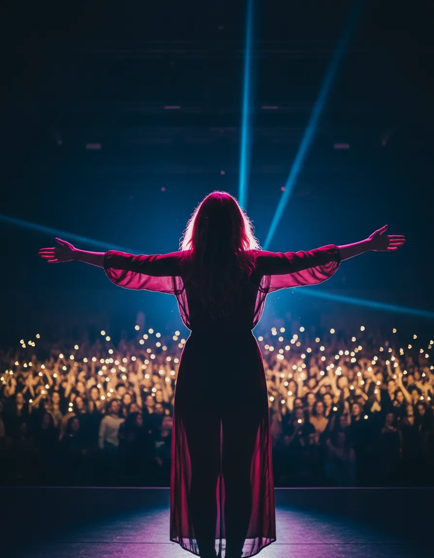 Woman speaking on stage with bright lights behind her