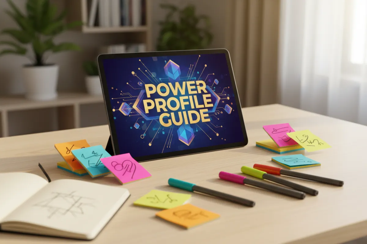 Power Profile Guide digital cover displayed on a tablet, surrounded by colorful sticky notes and pens, creative workspace, 3:2 aspect ratio