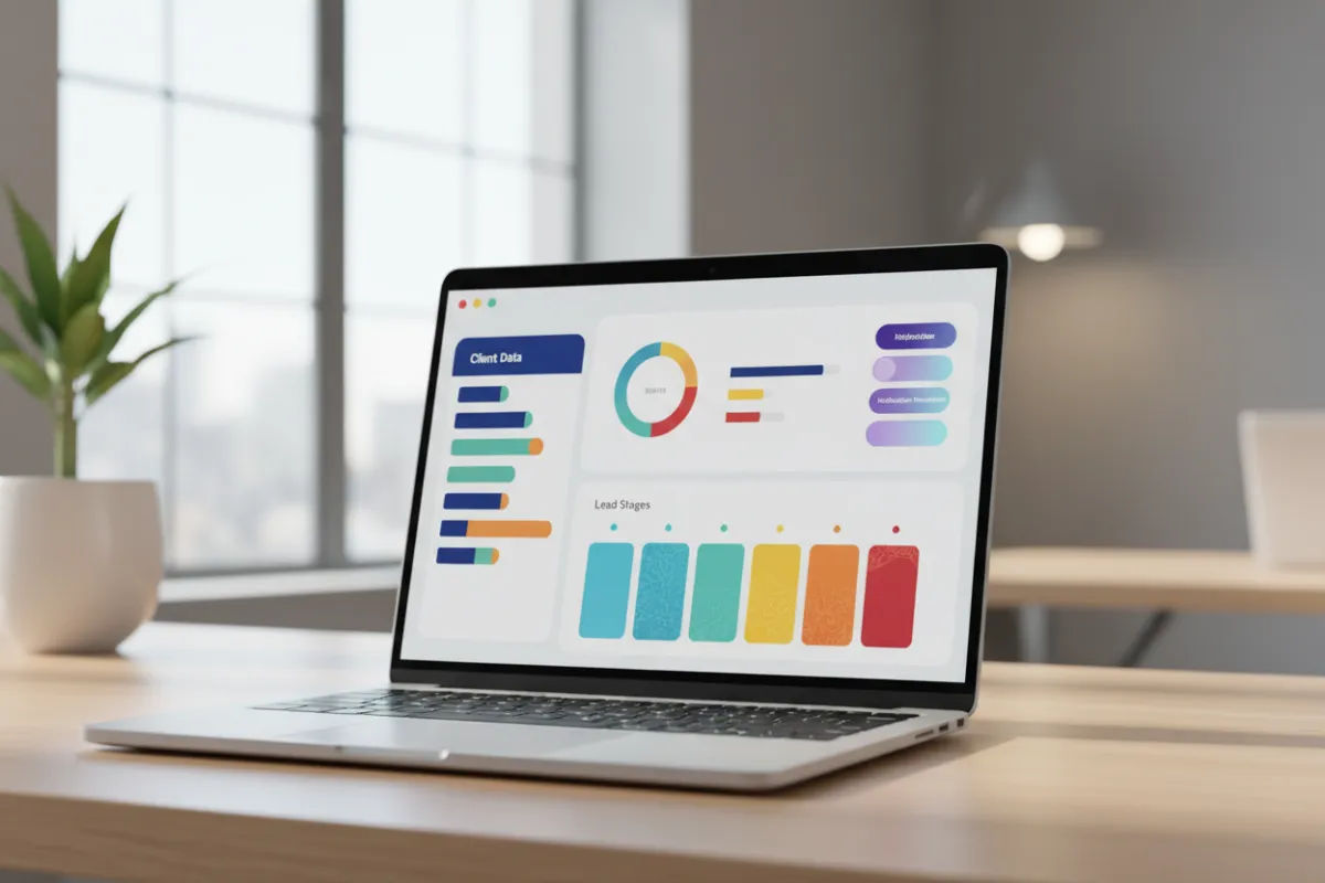 A close-up of a digital dashboard displaying organized client data, colorful lead stages, and notification reminders, viewed on a sleek laptop in a bright, modern workspace. The scene is clean, inviting, and emphasizes clarity and control.