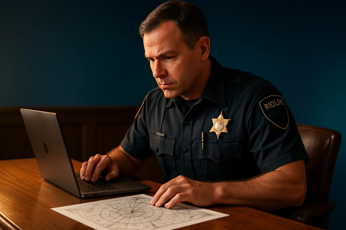 Officer preparing for courtroom testimony reviewing digital case files and cell-tower maps.