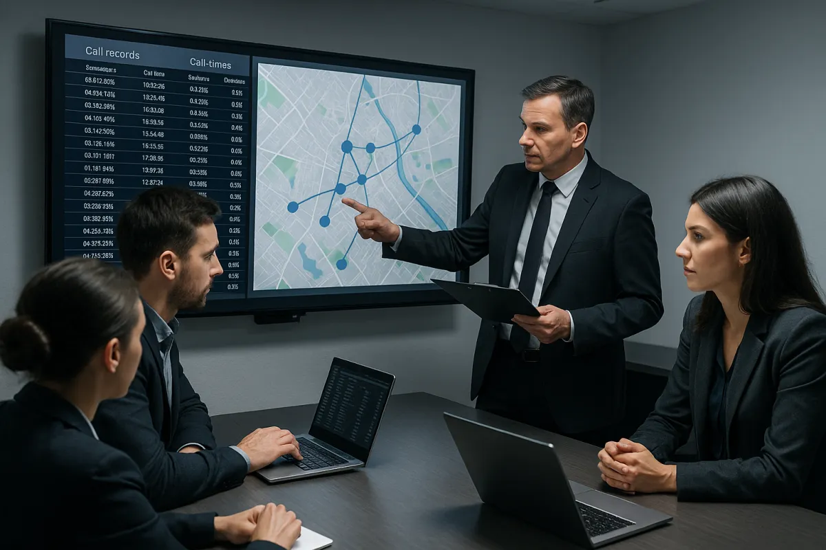 A small team of analysts and a prosecutor collaborating over a large screen displaying call records and geolocation plots, photorealistic scene.