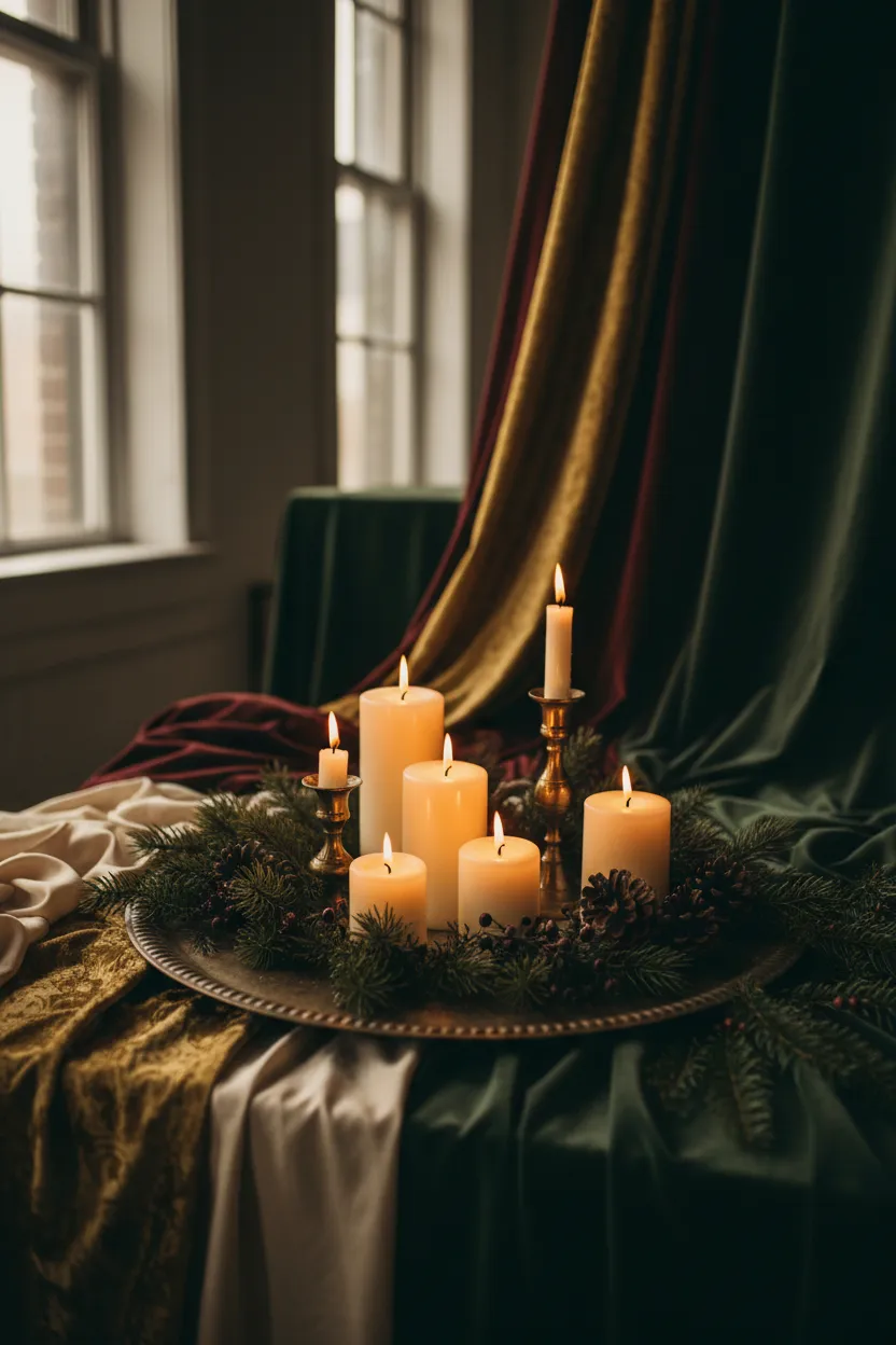 A gentle supporting image of the candlelit studio environment with warm heirloom textures