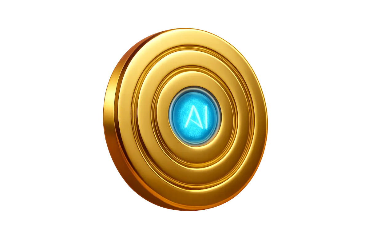 Polished 3D gold target with luminous blue AI core, studio lighting, no background.