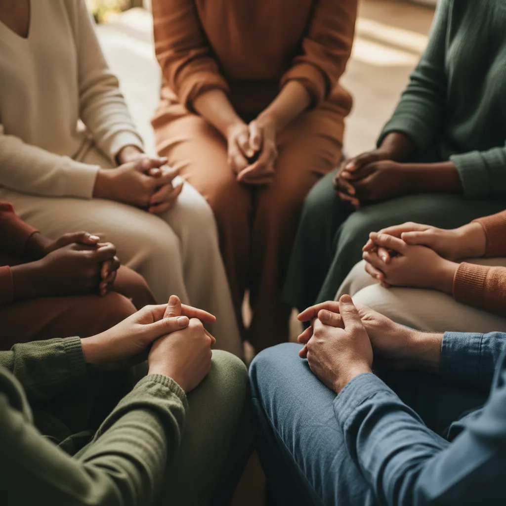 Small circle of people sitting with folded hands on knees in warm natural light, seen from above.