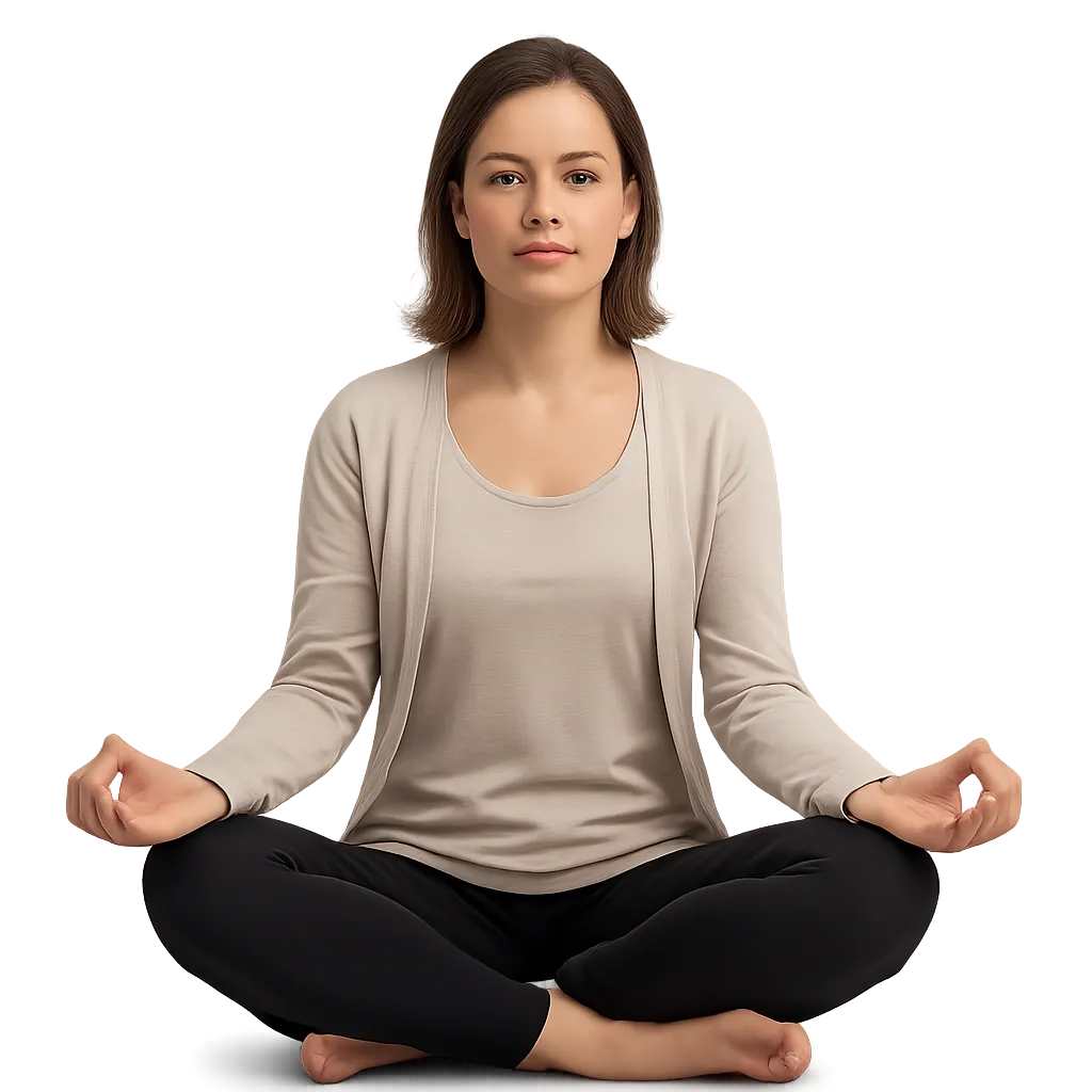 Woman seated in lotus pose, eyes closed, serene expression, transparent background.