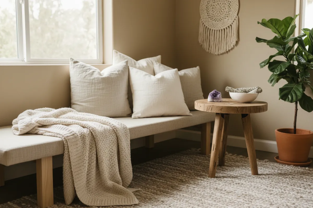Calming home studio corner with soft textiles, neutral tones, and a small healing crystal on a table for remote session ambiance.
