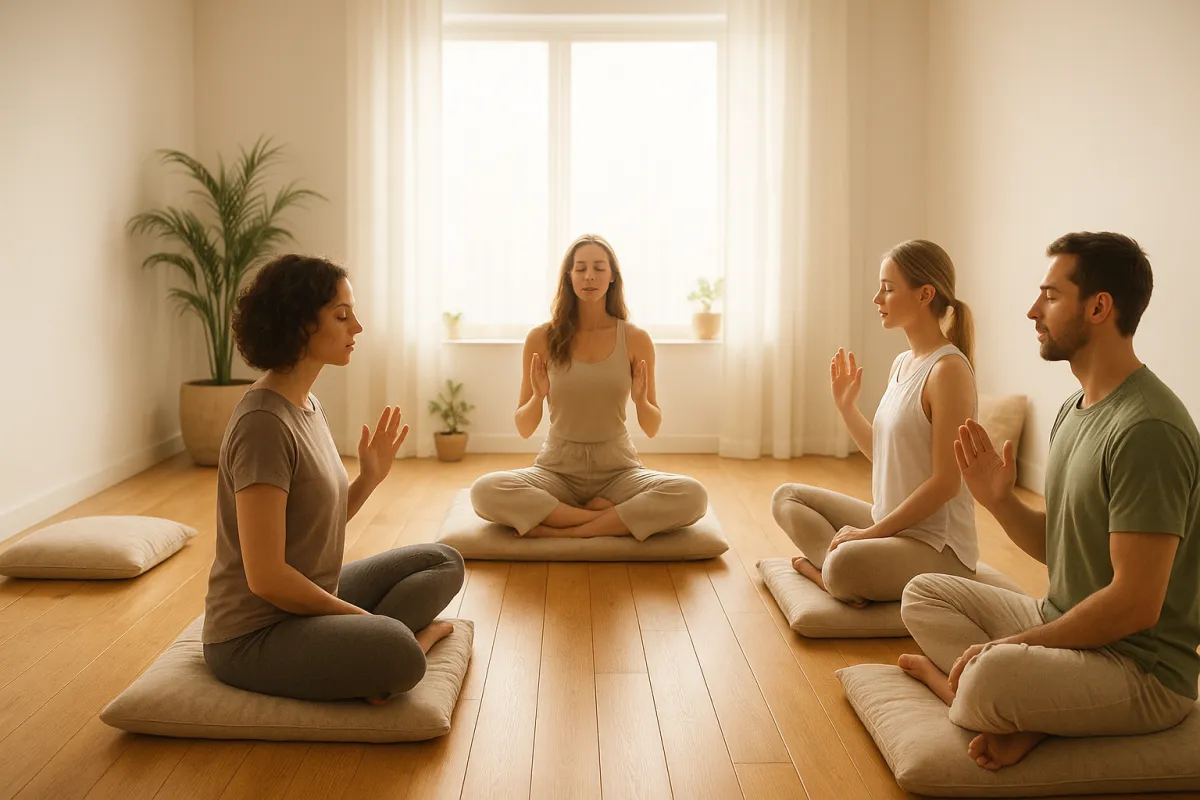 Calming yoga studio with floor cushions and gentle breathwork session