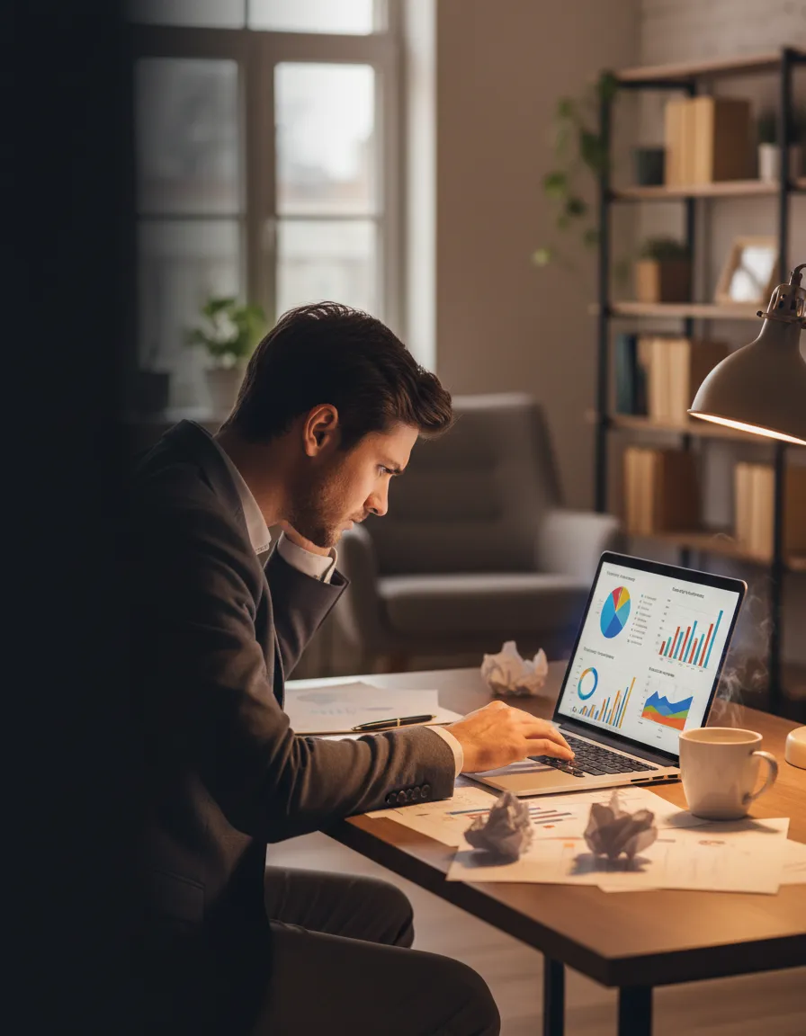 Stressed individual struggling with confusing marketing metrics on a laptop