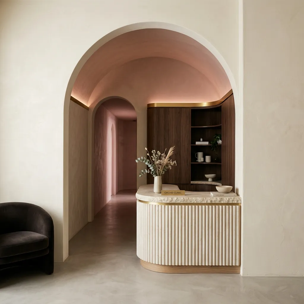 Calm and serene minimalist medical clinic interior with soft natural lighting and warm organic stone architectural elements