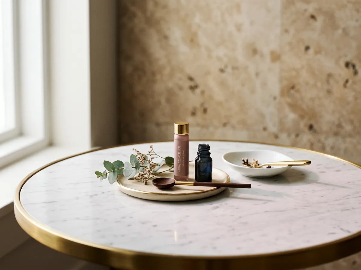 Serene architectural clinic interior with soft natural light and warm stone surfaces