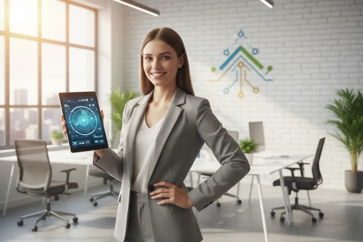A confident small business owner stands in a modern workspace, holding a digital tablet, with a bright, inviting atmosphere and subtle branding elements in the background. The image is vibrant, professional, and conveys readiness for digital transformation.