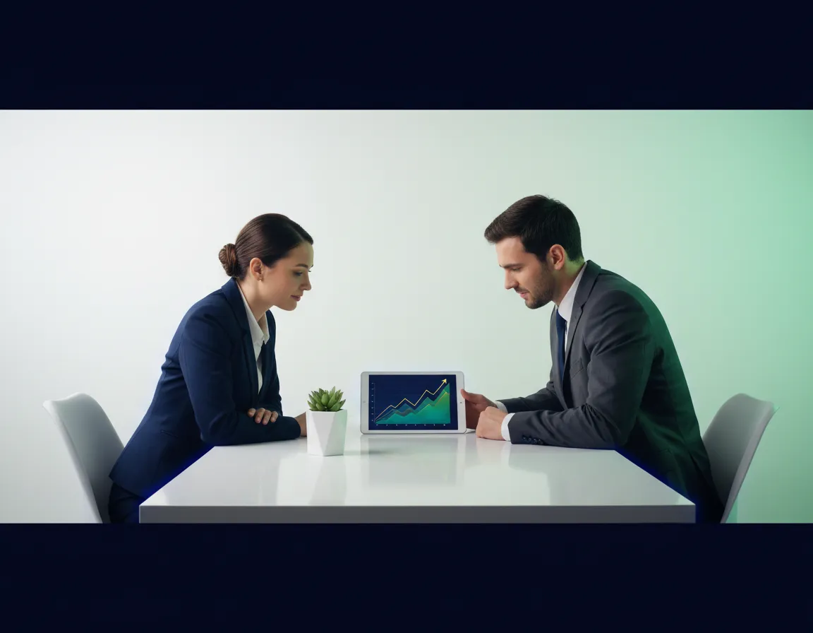 Professional reviewing credit report on digital tablet with positive trajectory