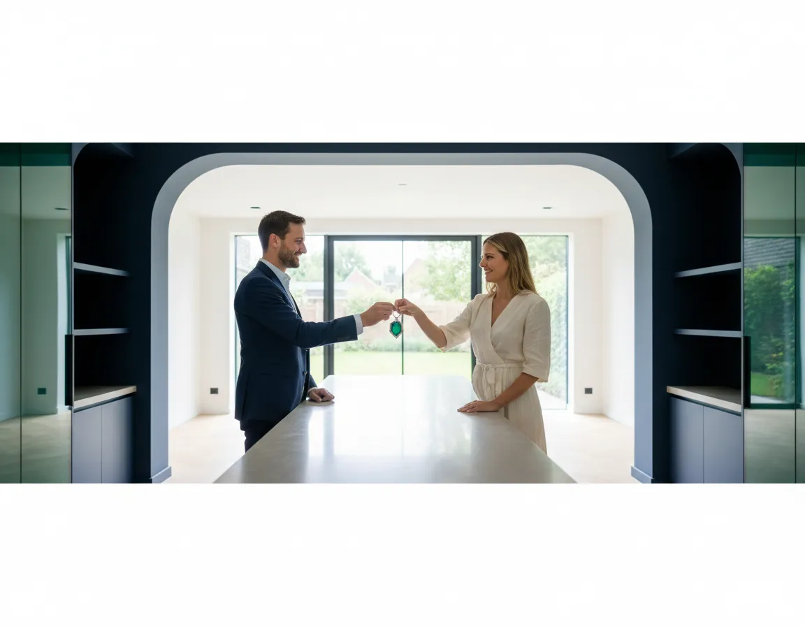 Couple receiving keys to their new home standing in bright modern interior