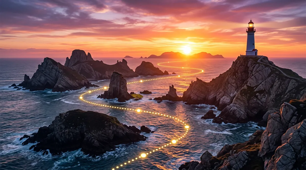 Surreal digital art of a rocky seascape with a sunset glowing on the horizon. A lighthouse sits on a peak to the right. A glowing golden dotted line with glowing nodes traces a path among the islands.