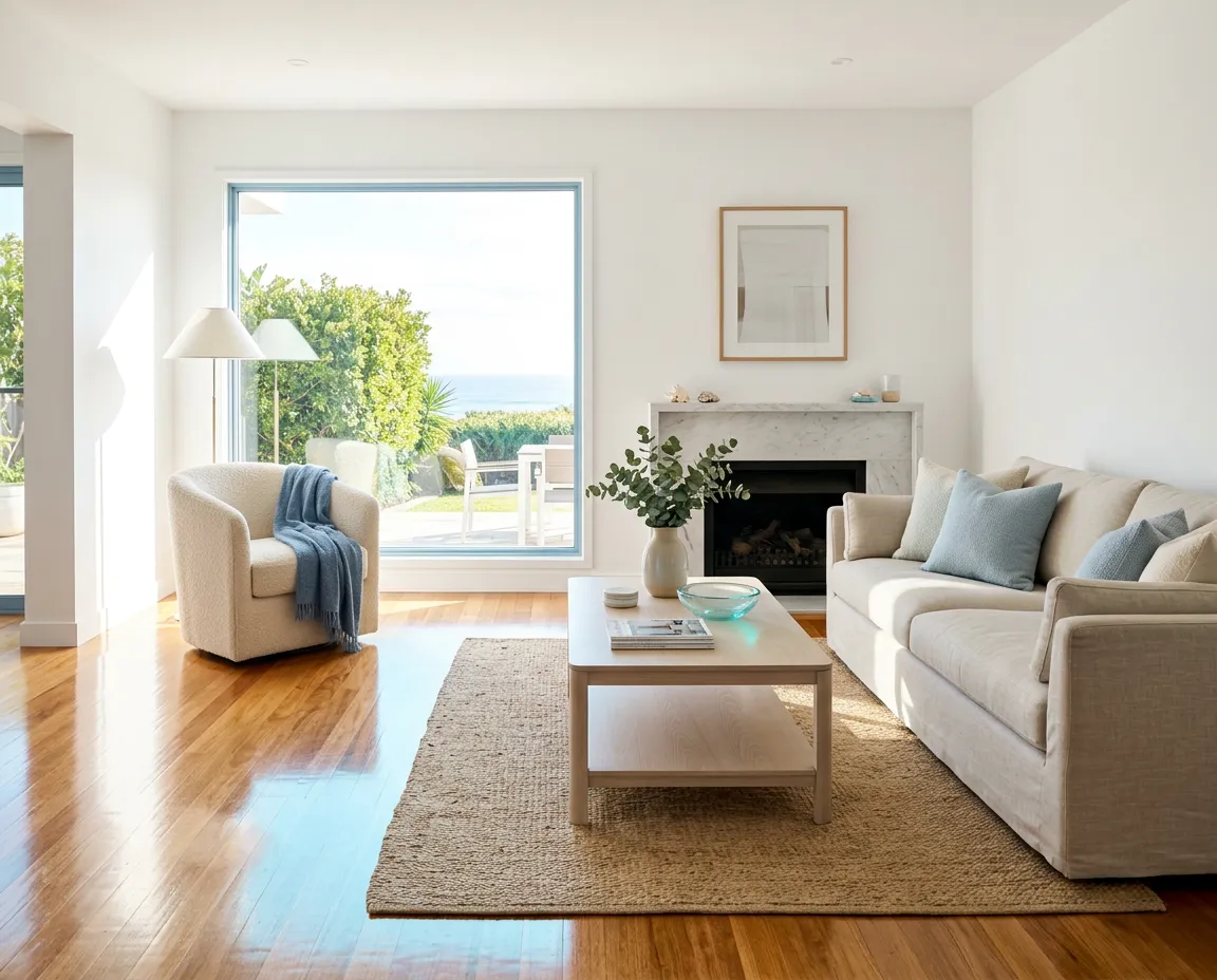 Bright, sunlit luxury living room featuring sparkling clean hardwood floors, serene coastal-minimal decor, and immaculate airy surfaces