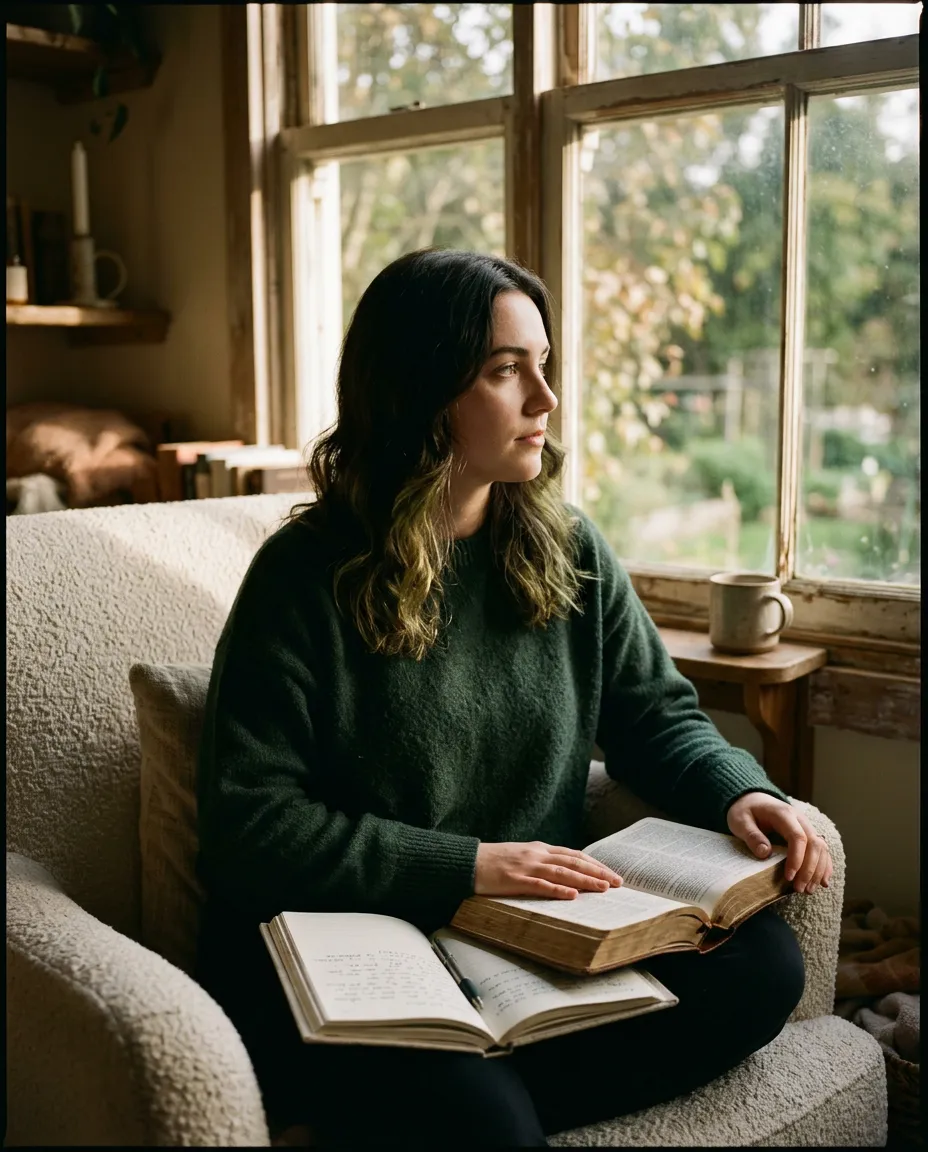 Contemplative figure in quiet morning reflection with warm natural light