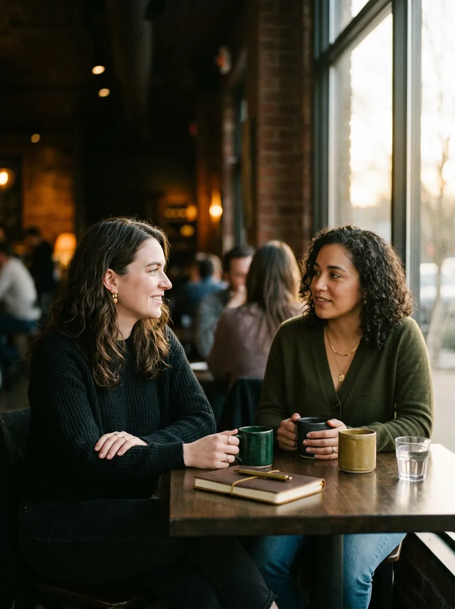 Warm and contemplative photograph of two friends sharing a quiet conversation over open notebooks