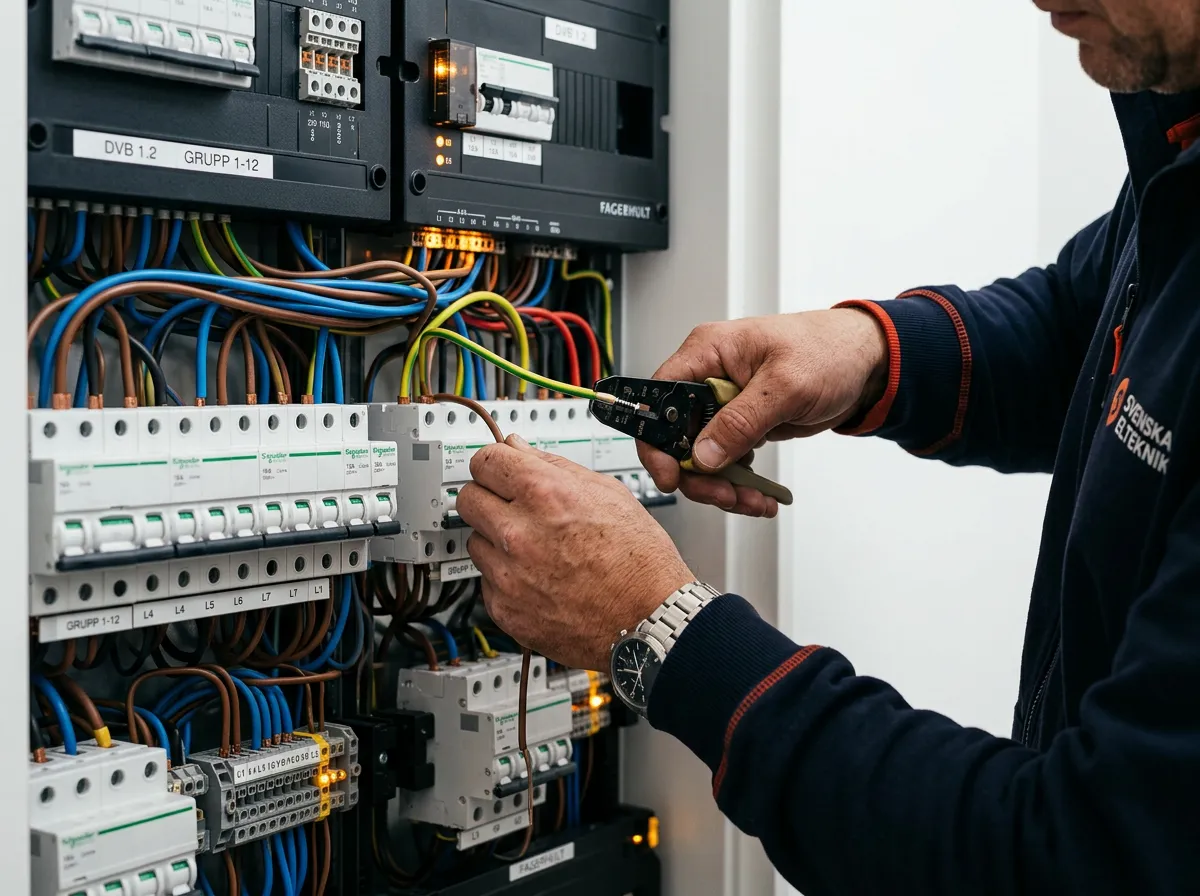 Professionell elektriker från Nordljus utför elinstallation med hög precision och säkerhetsutrustning