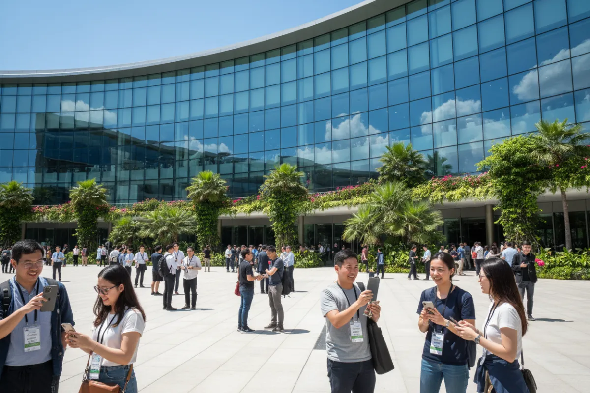 A modern convention center exterior with glass walls, lush greenery, and people gathering outside, some checking event schedules on their phones, others chatting in small groups. The scene is bright, welcoming, and urban, emphasizing accessibility and excitement for the upcoming event.