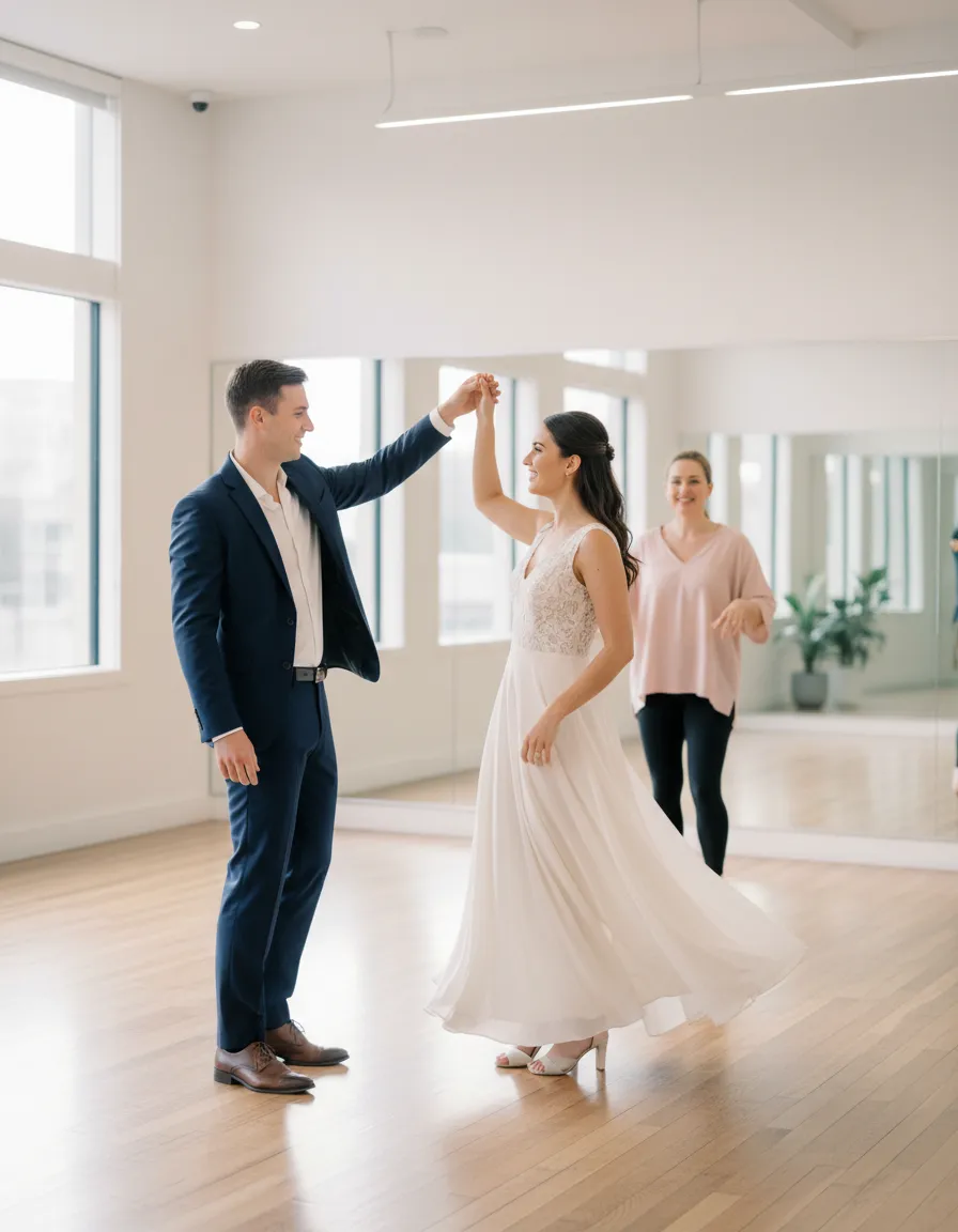 Couple practicing their wedding first dance at Tropical Soul studio in Sydney