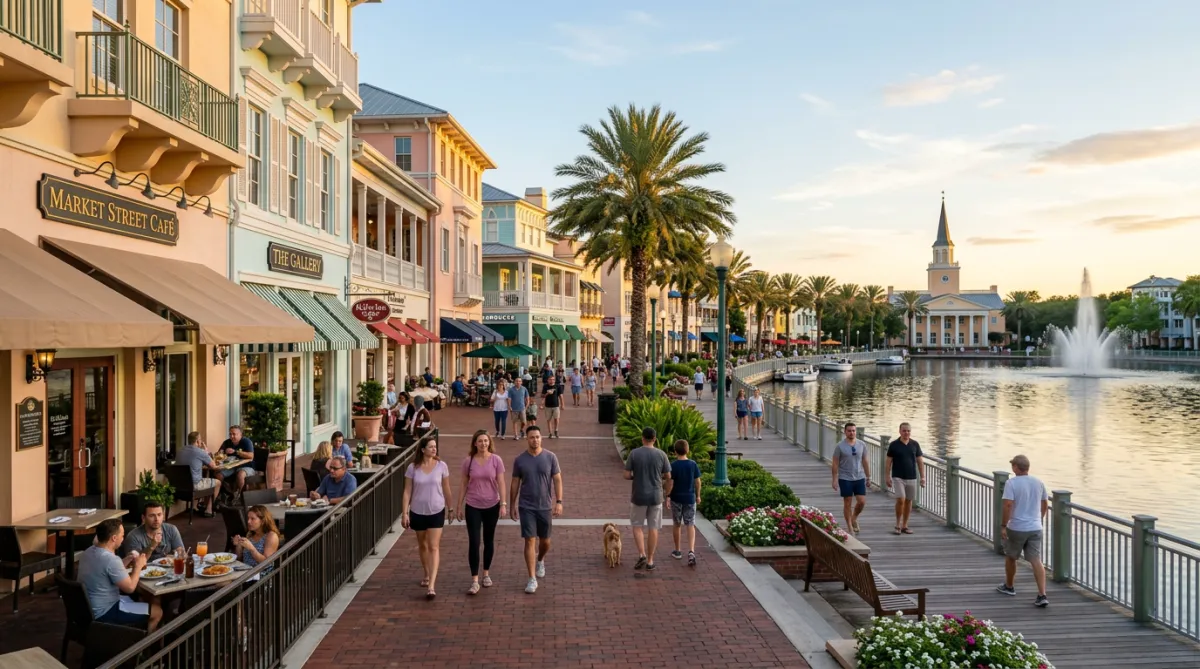 Downtown Celebration, Florida waterfront boardwalk with shops and cafes