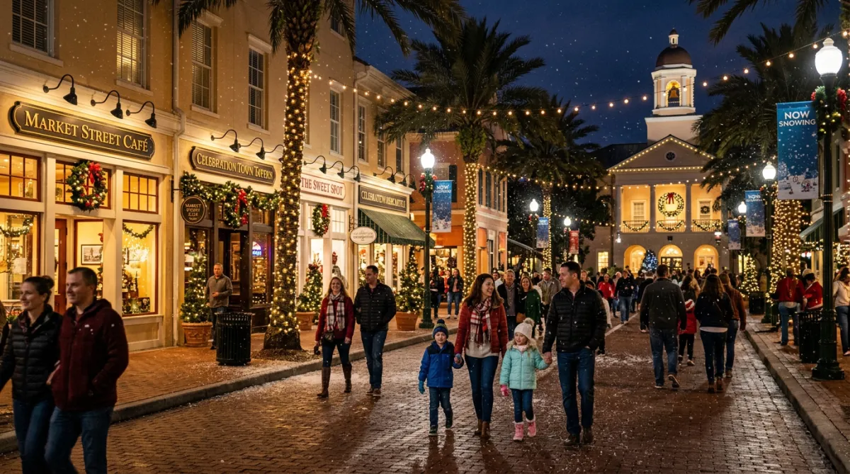 Now Snowing in Celebration, FL — Town Center holiday snowfall at night