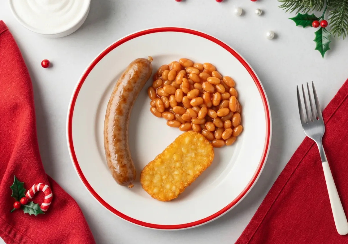 Festive breakfast plate with one sausage, one hash brown, and baked beans