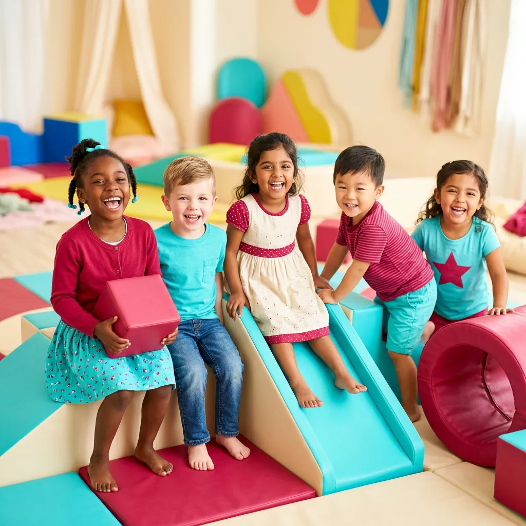 Excited children playing joyfully inside colorful Party and Play Funhouse play area