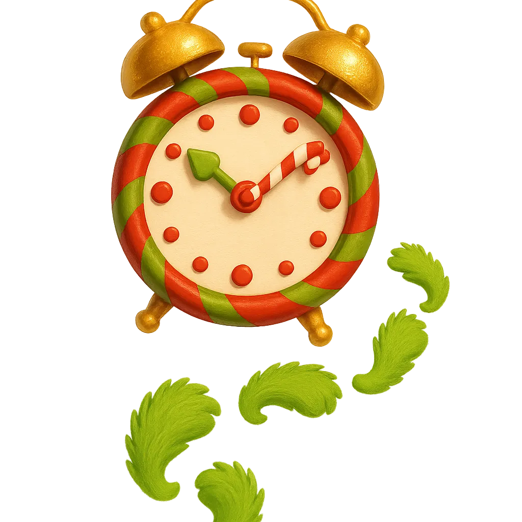 Playful Grinch footprints and a clock marking the event timeline