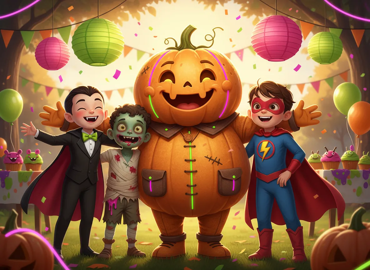 Friendly pumpkin and kids daytime Halloween party graphic