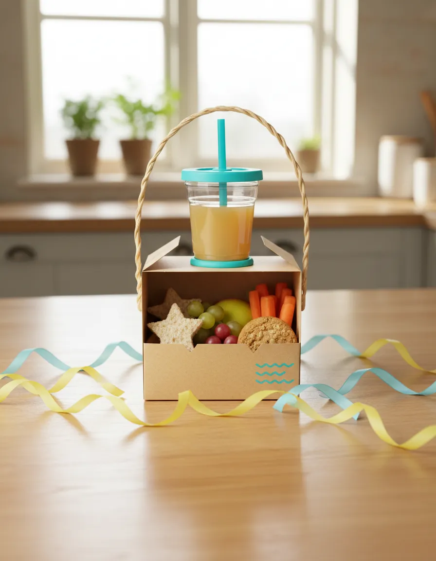 Colourful children's party picnic box with a juice cup