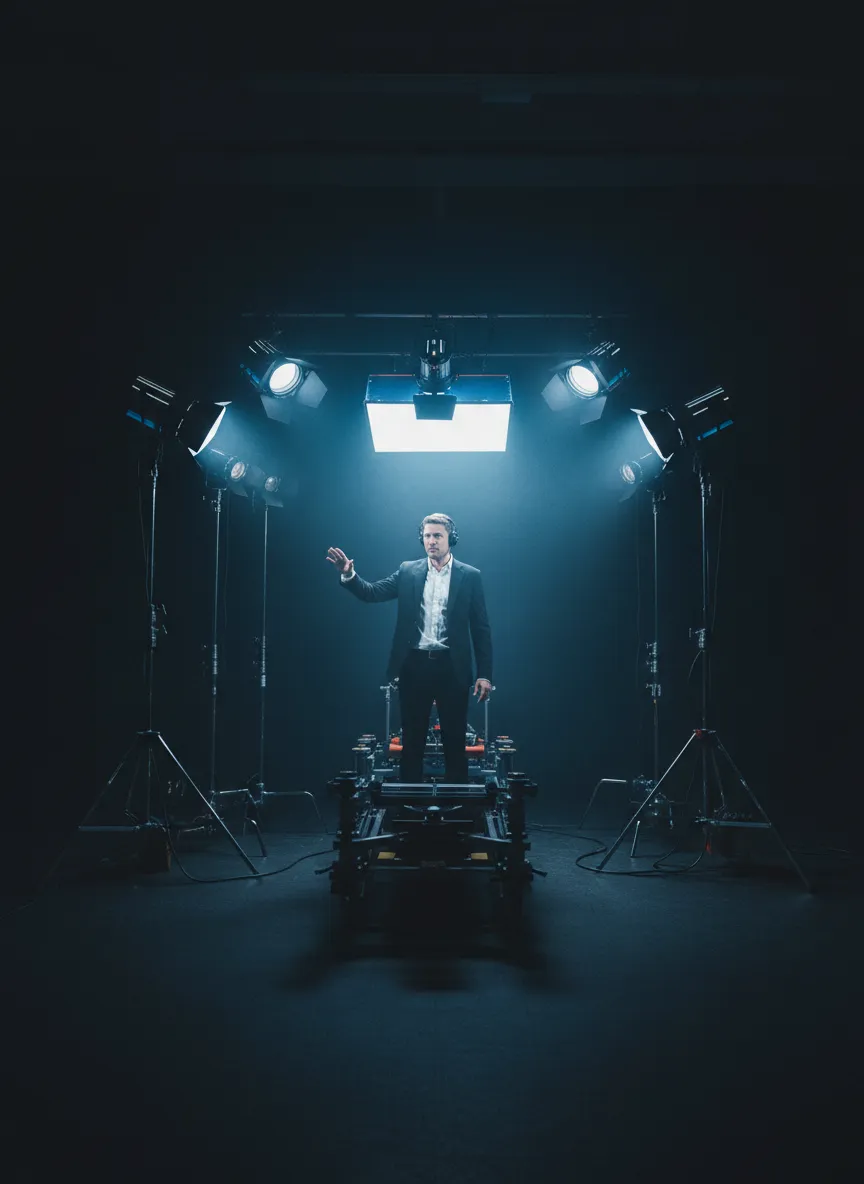 Director en set de filmación con iluminación cinematográfica