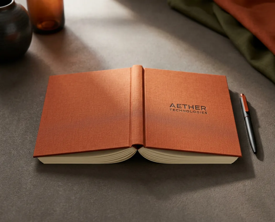 Minimalist linen hardcover notebook lying flat in natural sunlight