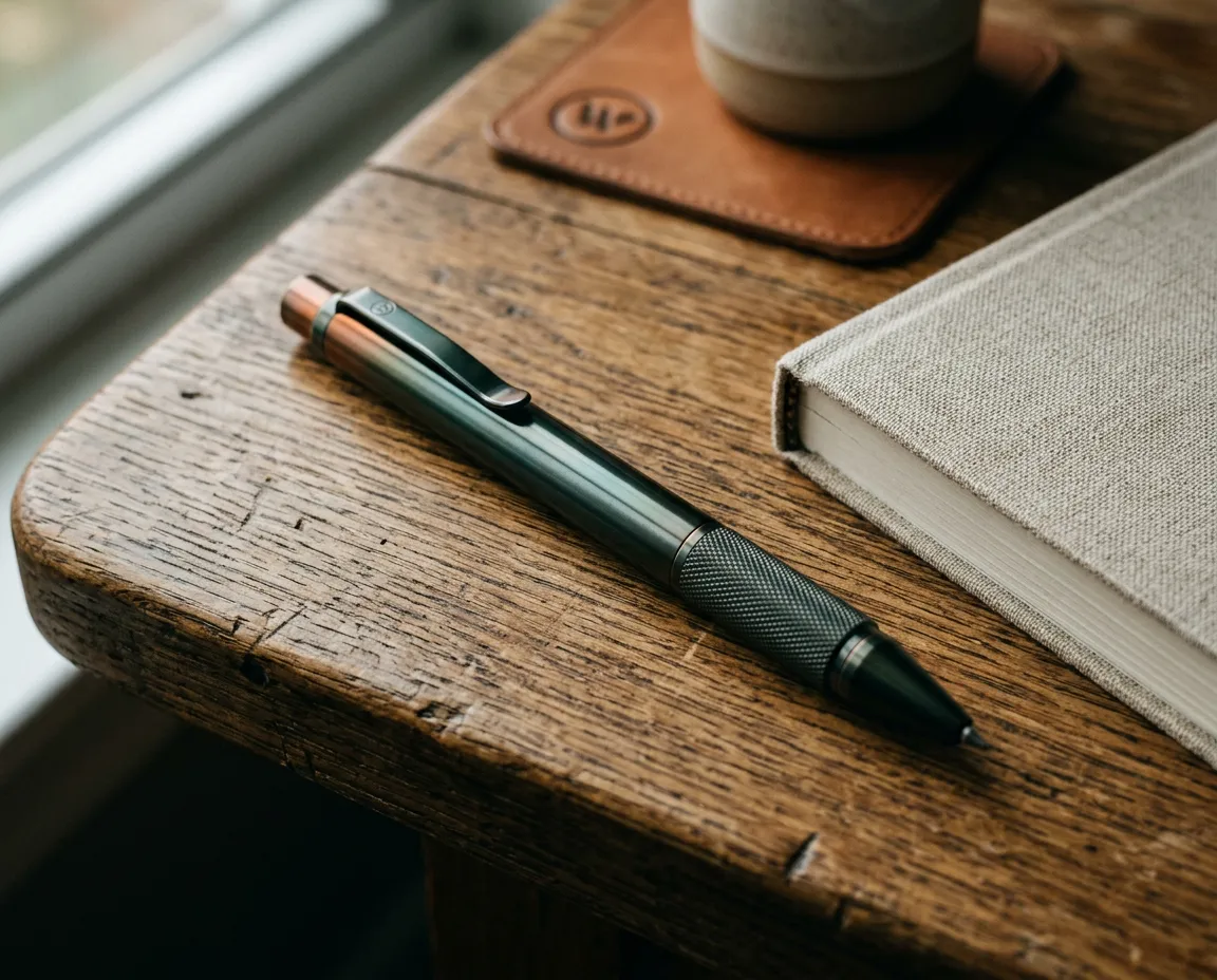 Minimalist precision-engineered metallic rollerball pen on textured surface