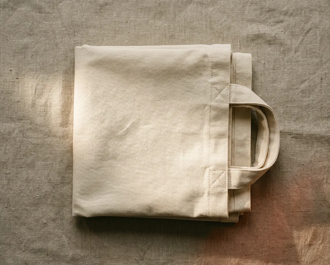 Heavyweight organic cotton tote bag neatly folded on rustic linen backdrop
