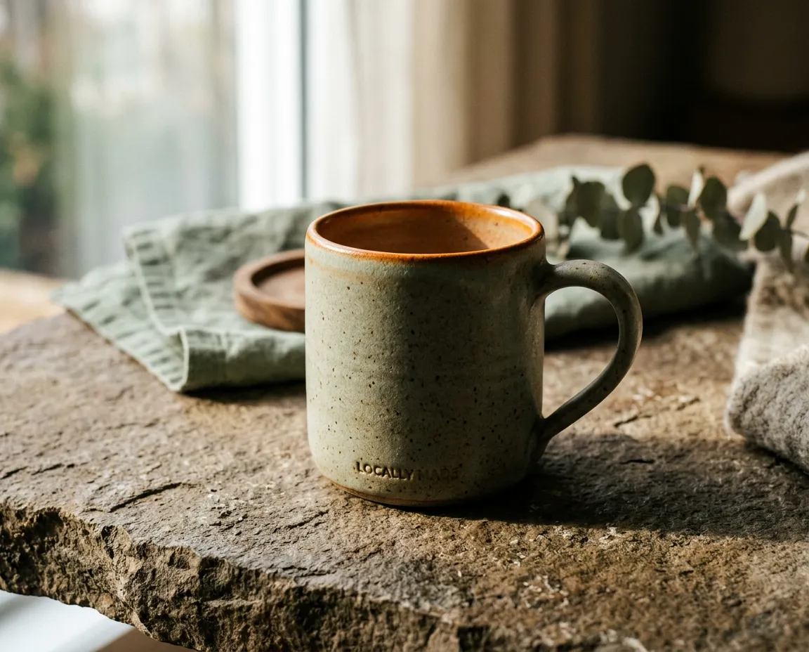 Hand-crafted ceramic mug with speckled matte glaze on warm stone table