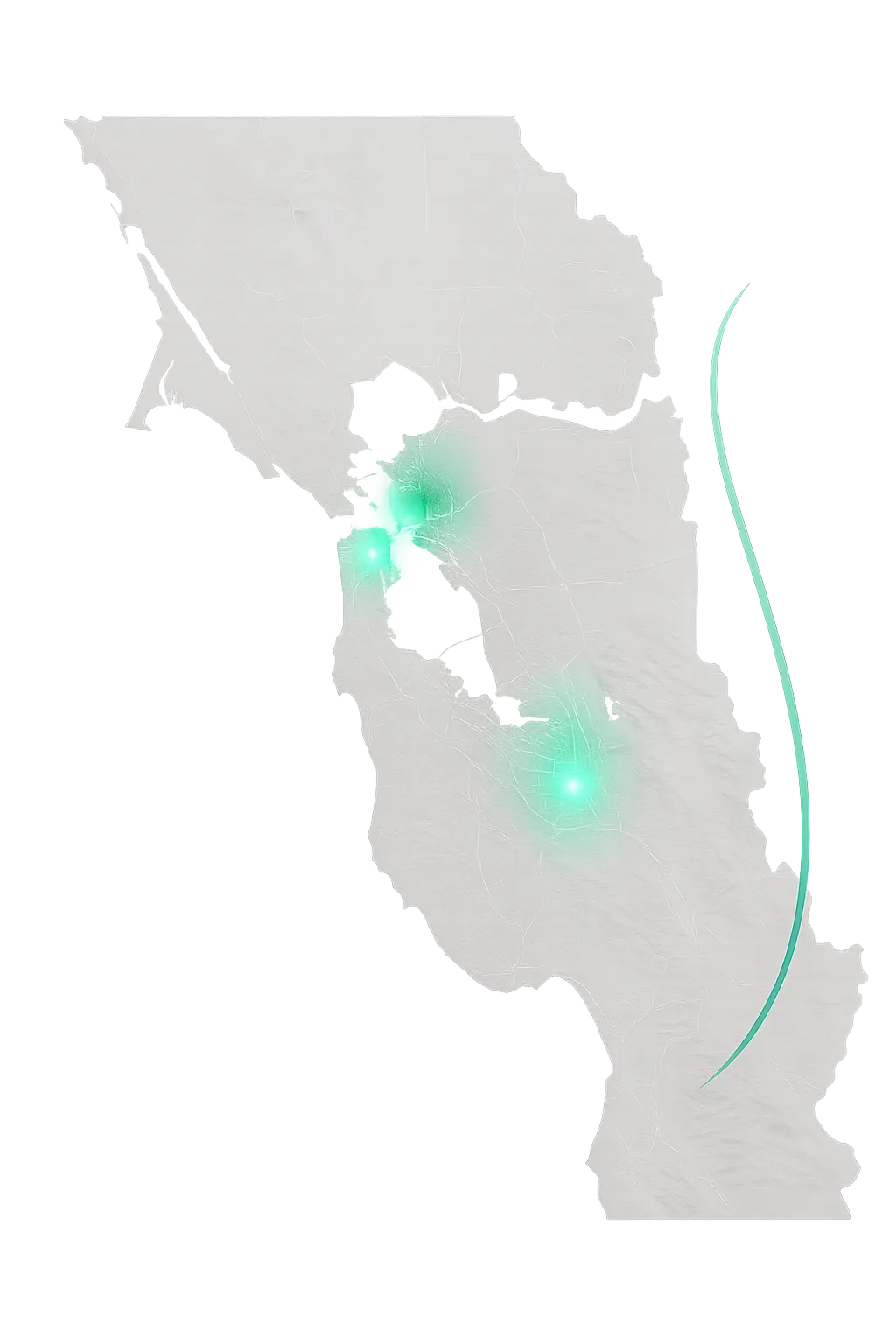 Stylized grayscale map of the San Francisco Bay Area with primary green pulsating hotspots