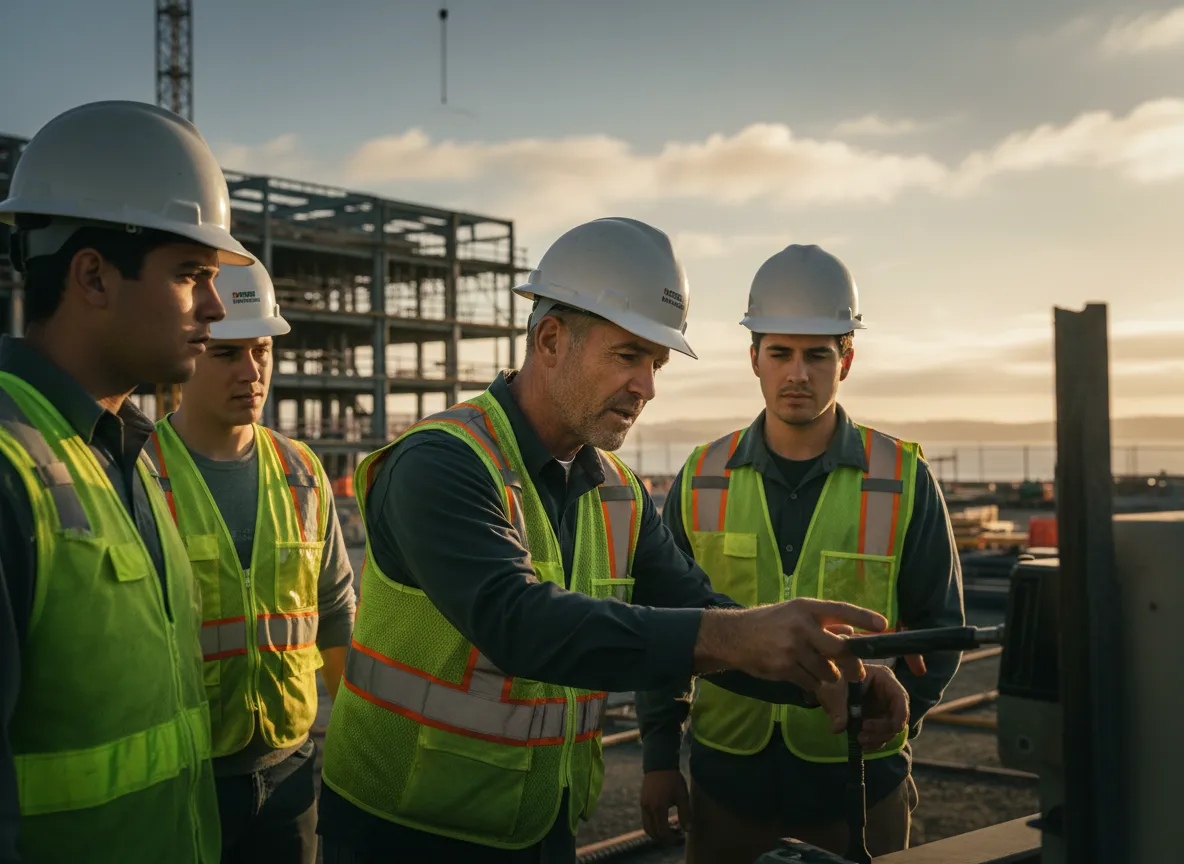 Construction team safety meeting and mentorship on a Bay Area job site