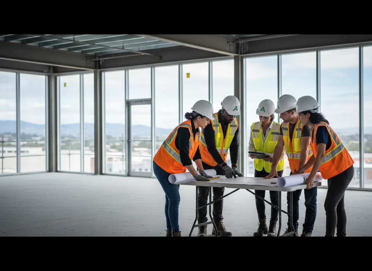 Commercial construction crew collaborating on-site