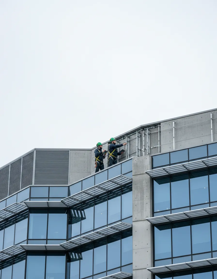 Engineers inspecting a commercial building facade