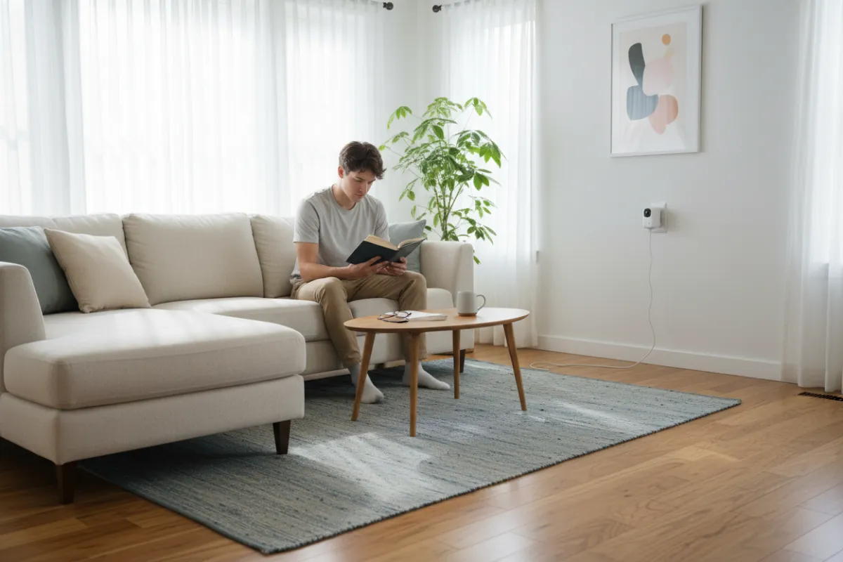 A candid lifestyle photo of a modern living room with a hidden camera charger subtly plugged into a wall outlet. The room is bright and inviting, with a young adult reading on the sofa, unaware of the device. The composition emphasizes everyday security in a real home setting.