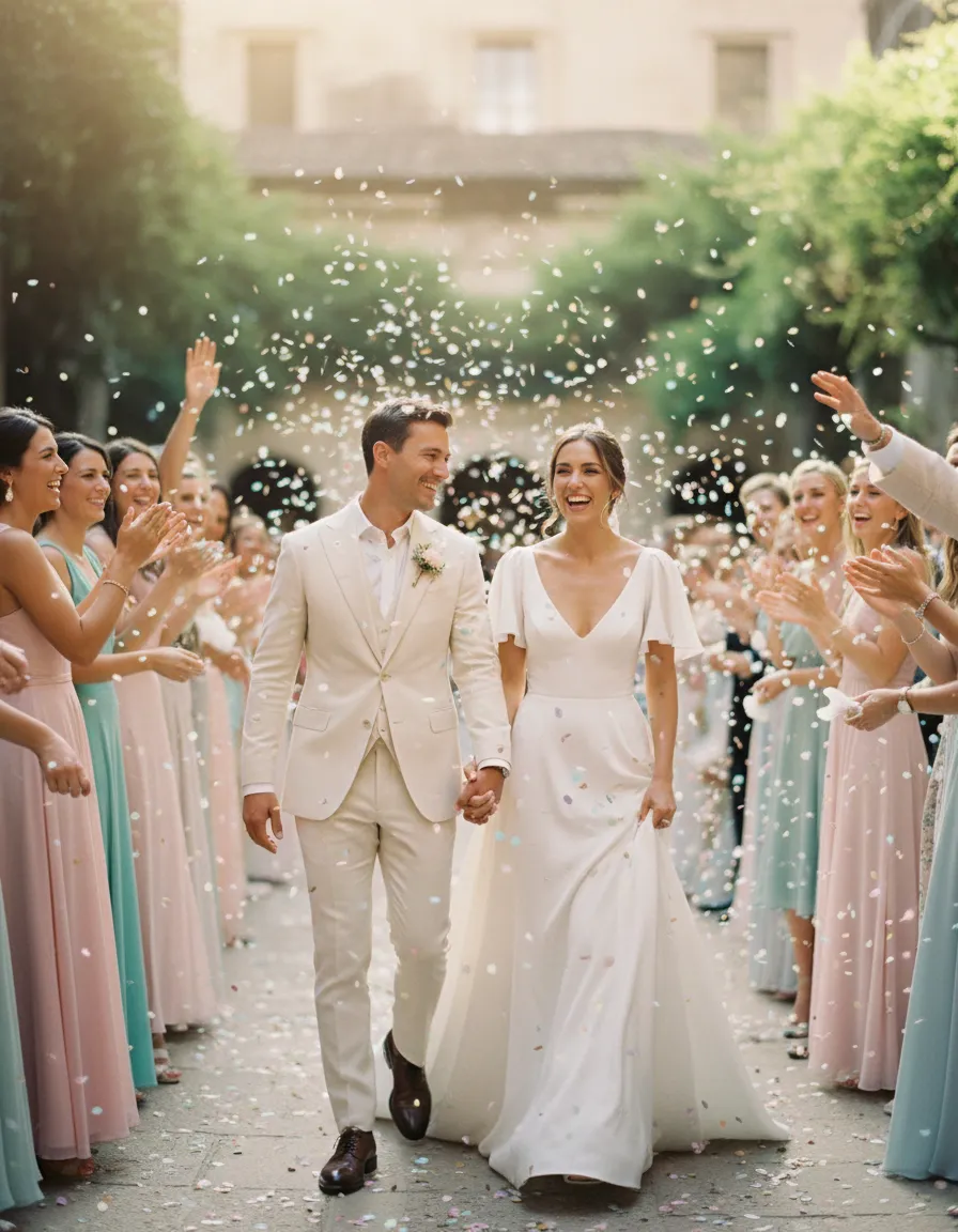 Newlyweds walking through confetti with guests