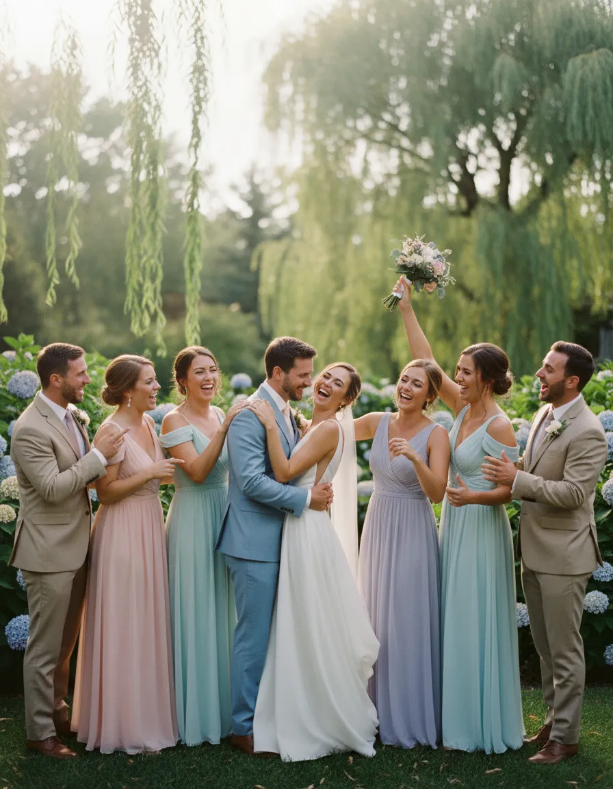 Candid wedding party moment laughing together