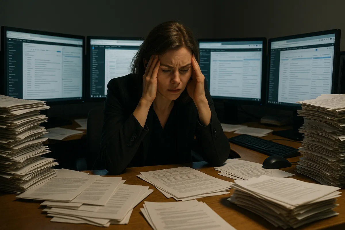 Überfüllter Schreibtisch, gestresste Managerin vor mehreren Monitoren, Papierstapel und offene Tabs, gedämpftes Licht, fotografischer Stil – zeigt operative Überlastung vor einer Prozessoptimierung.
